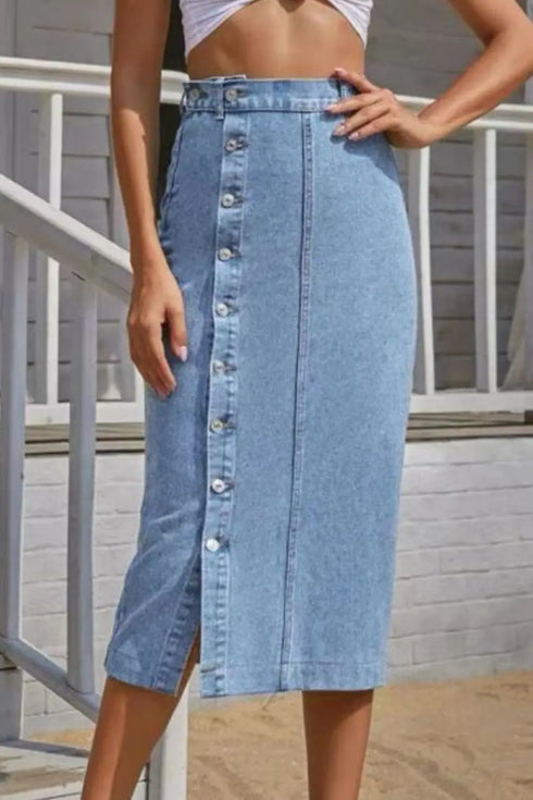 'Kailani' Buttoned Split Denim Skirt - Celes Fashion